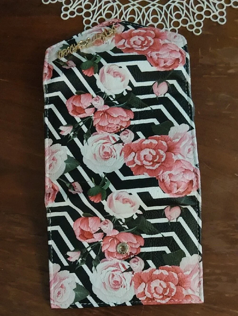 Betsey Johnson Black & Pink Floral Stripe Compact Wallet